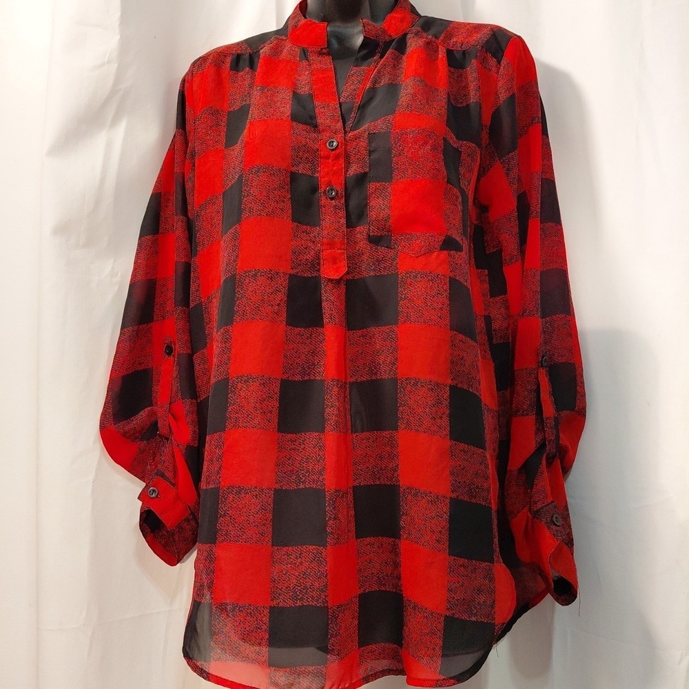Vintage Womens Wet Seal Red & Black Buffalo Plaid Sheer Roll Tab Sleeves Shirt